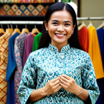 **

A Malaysian woman in a modern, modest baju kurung, smiling warmly. She is standing in front of a brightly lit batik shop, surrounded by colorful textiles. Safe for work, appropriate content, fully clothed, professional, family-friendly, perfect anatomy, correct proportions, natural pose, well-formed hands, proper finger count, natural body proportions. High quality, professional photography.

**