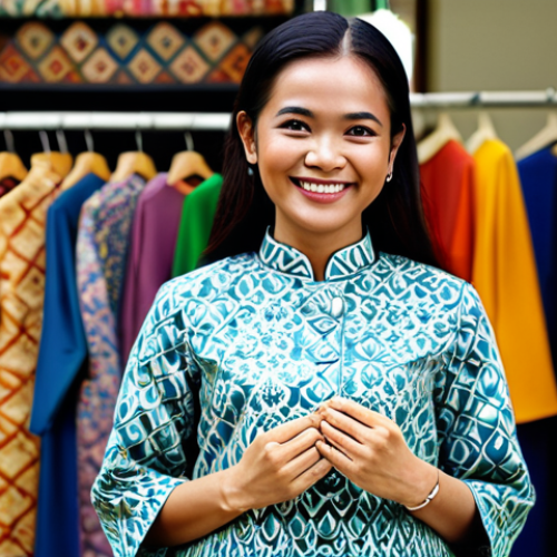 **

A Malaysian woman in a modern, modest baju kurung, smiling warmly. She is standing in front of a brightly lit batik shop, surrounded by colorful textiles. Safe for work, appropriate content, fully clothed, professional, family-friendly, perfect anatomy, correct proportions, natural pose, well-formed hands, proper finger count, natural body proportions. High quality, professional photography.

**