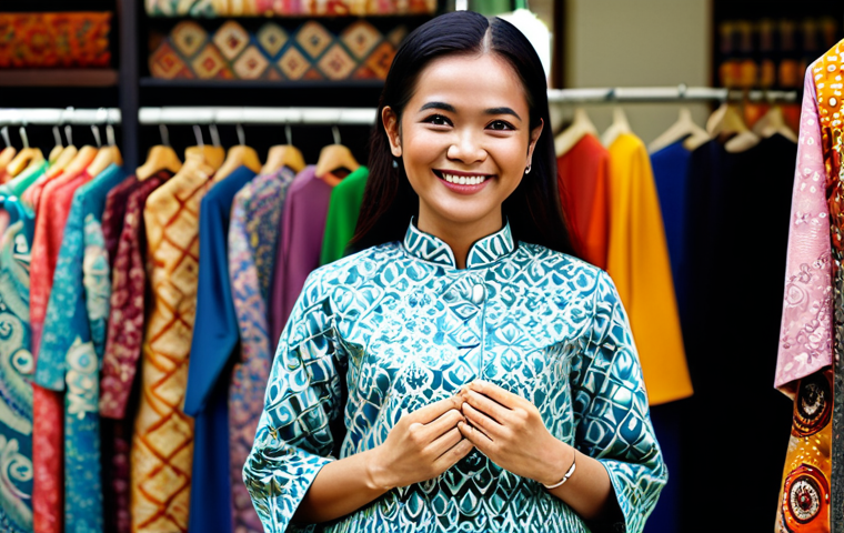 **

A Malaysian woman in a modern, modest baju kurung, smiling warmly. She is standing in front of a brightly lit batik shop, surrounded by colorful textiles. Safe for work, appropriate content, fully clothed, professional, family-friendly, perfect anatomy, correct proportions, natural pose, well-formed hands, proper finger count, natural body proportions. High quality, professional photography.

**